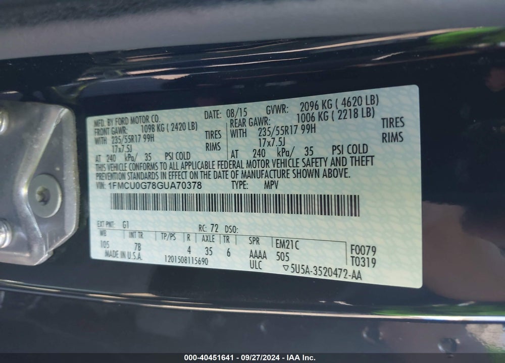 2016 FORD ESCAPE SE VIN: 1FMCU0G78GUA70378