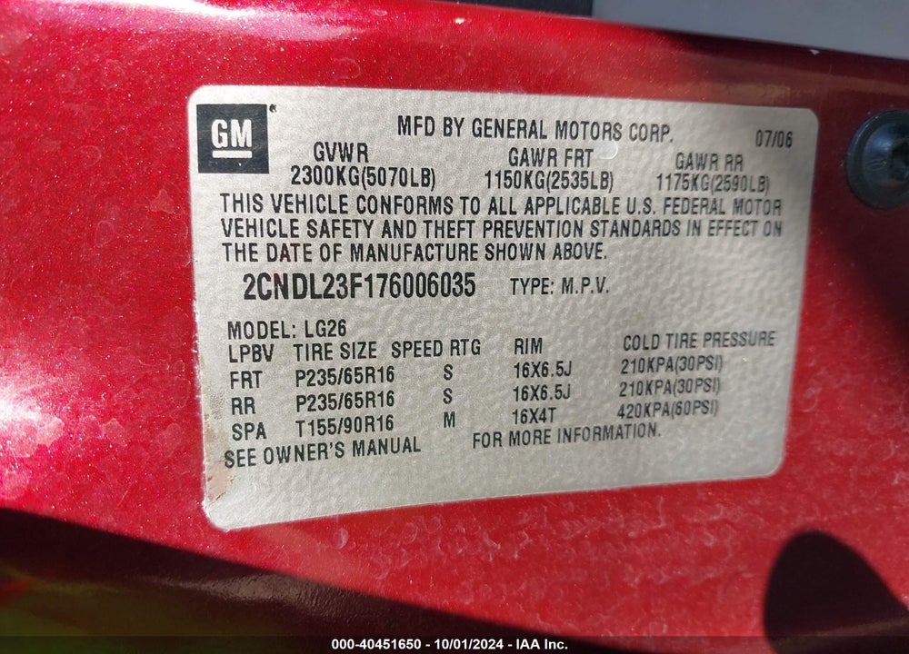 2007 CHEVROLET EQUINOX LS VIN: 2CNDL23F176006035