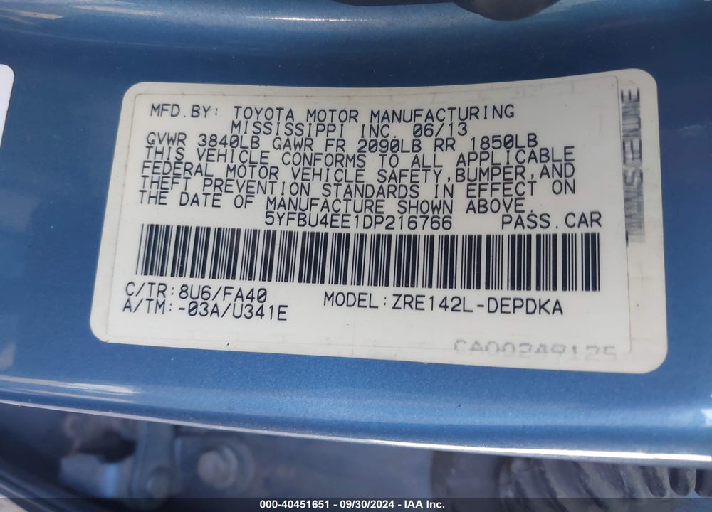 2013 TOYOTA COROLLA L VIN: 5YFBU4EE1DP216766