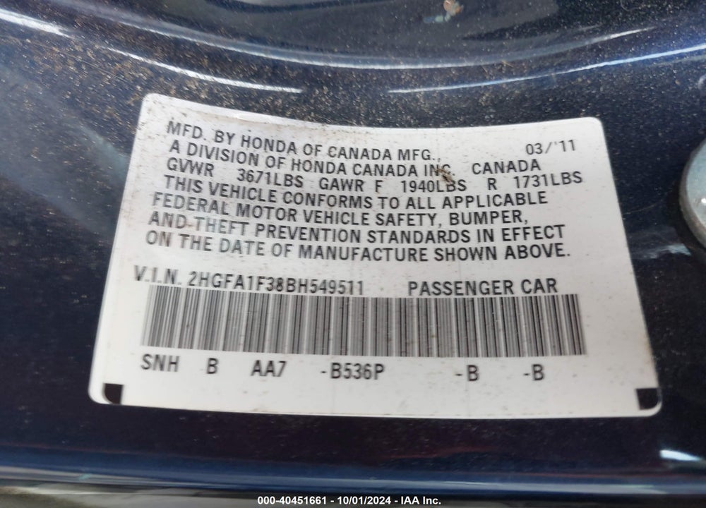 2011 HONDA CIVIC VP VIN: 2HGFA1F38BH549511