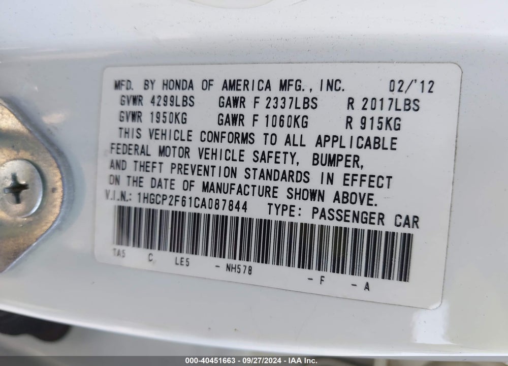 2012 HONDA ACCORD 2.4 SE VIN: 1HGCP2F61CA087844
