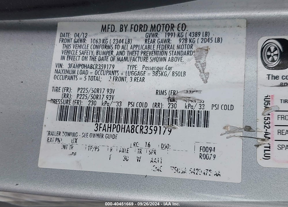2012 FORD FUSION SE VIN: 3FAHP0HA8CR359179