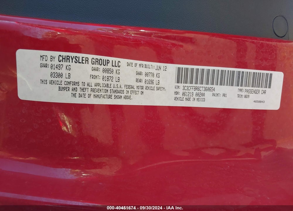 2012 FIAT 500 VIN: 3C3CFFBR6CT360654