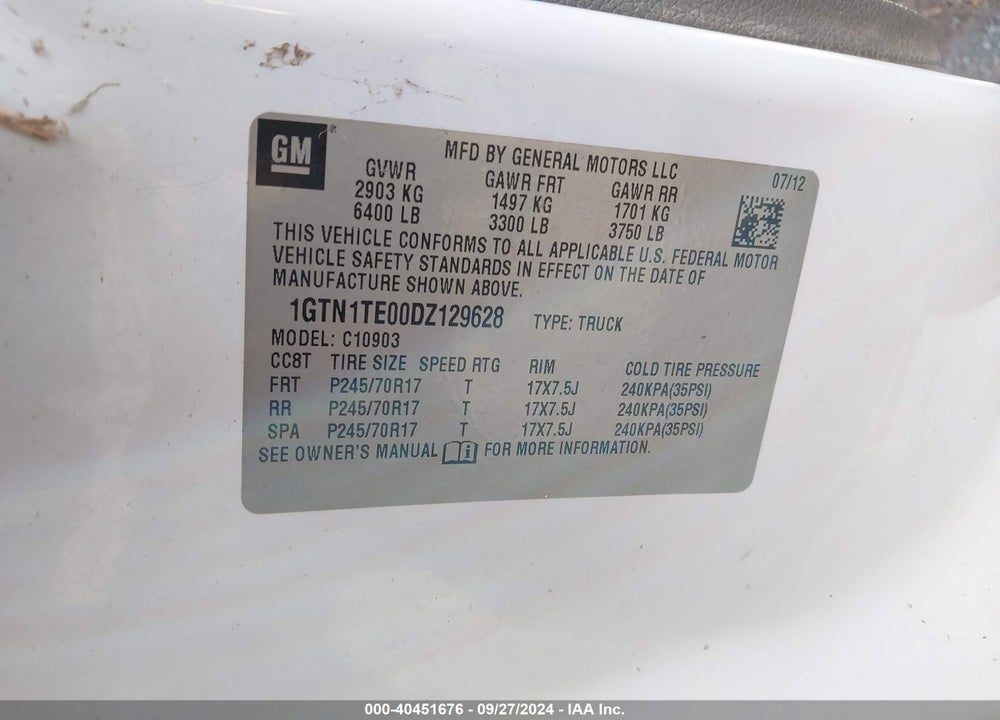 2013 GMC SIERRA 1500 WORK TRUCK VIN: 1GTN1TE00DZ129628