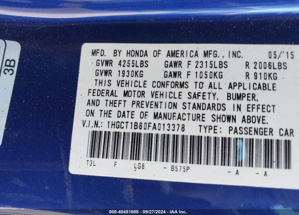 2015 HONDA ACCORD EX-L VIN: 1HGCT1B80FA013378