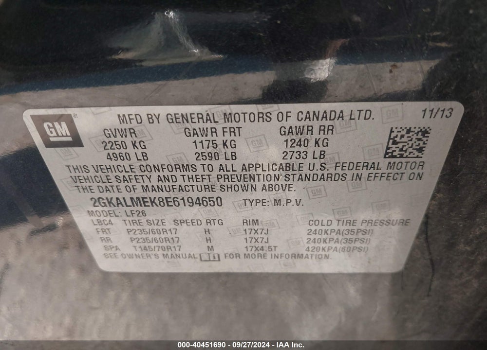 2014 GMC TERRAIN SLE-1 VIN: 2GKALMEK8E6194650