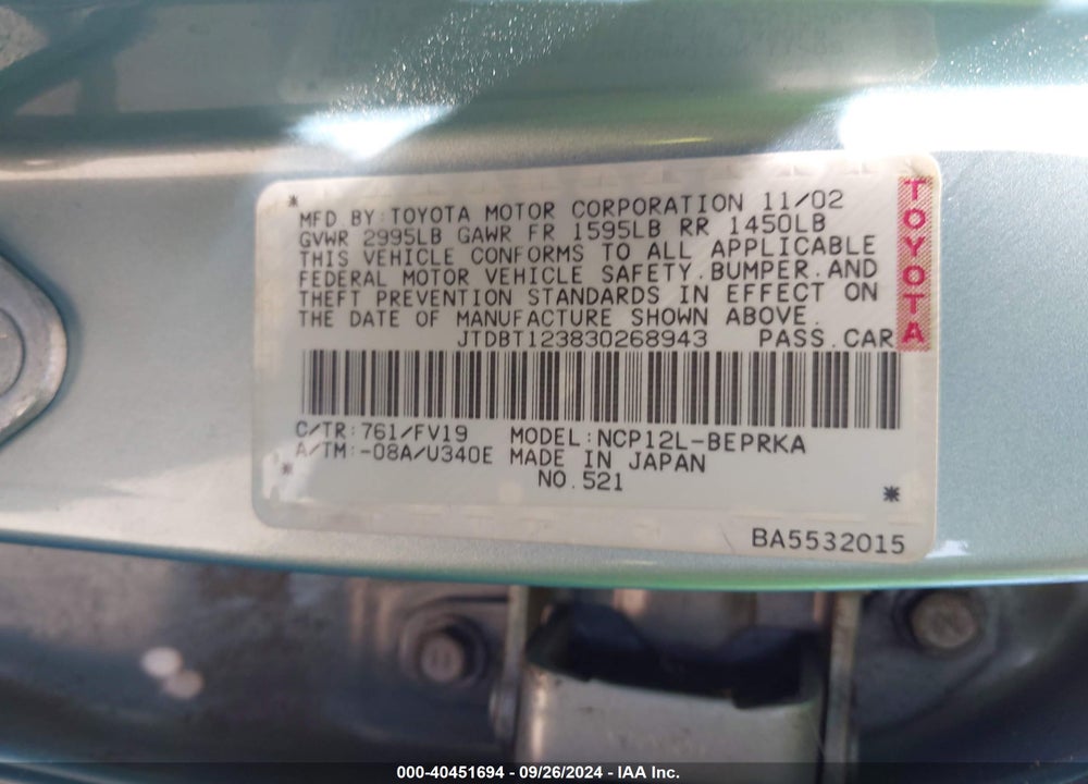 2003 TOYOTA ECHO VIN: JTDBT123830268943