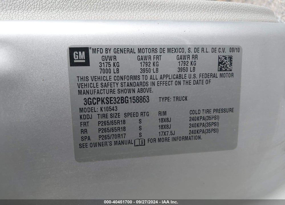2011 CHEVROLET SILVERADO 1500 LT VIN: 3GCPKSE32BG158863