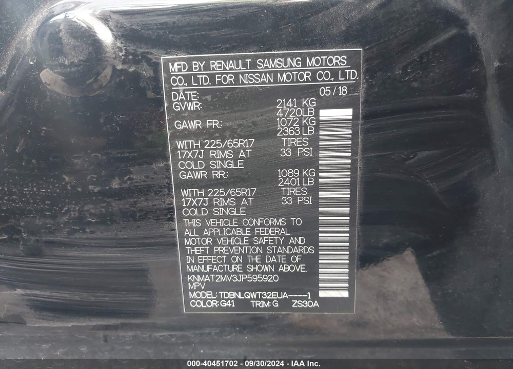2018 NISSAN ROGUE SV VIN: KNMAT2MV3JP595920