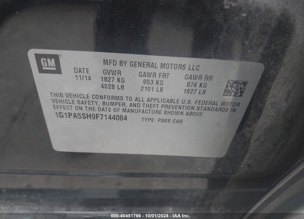 2015 CHEVROLET CRUZE LS AUTO VIN: 1G1PA5SH9F7144084