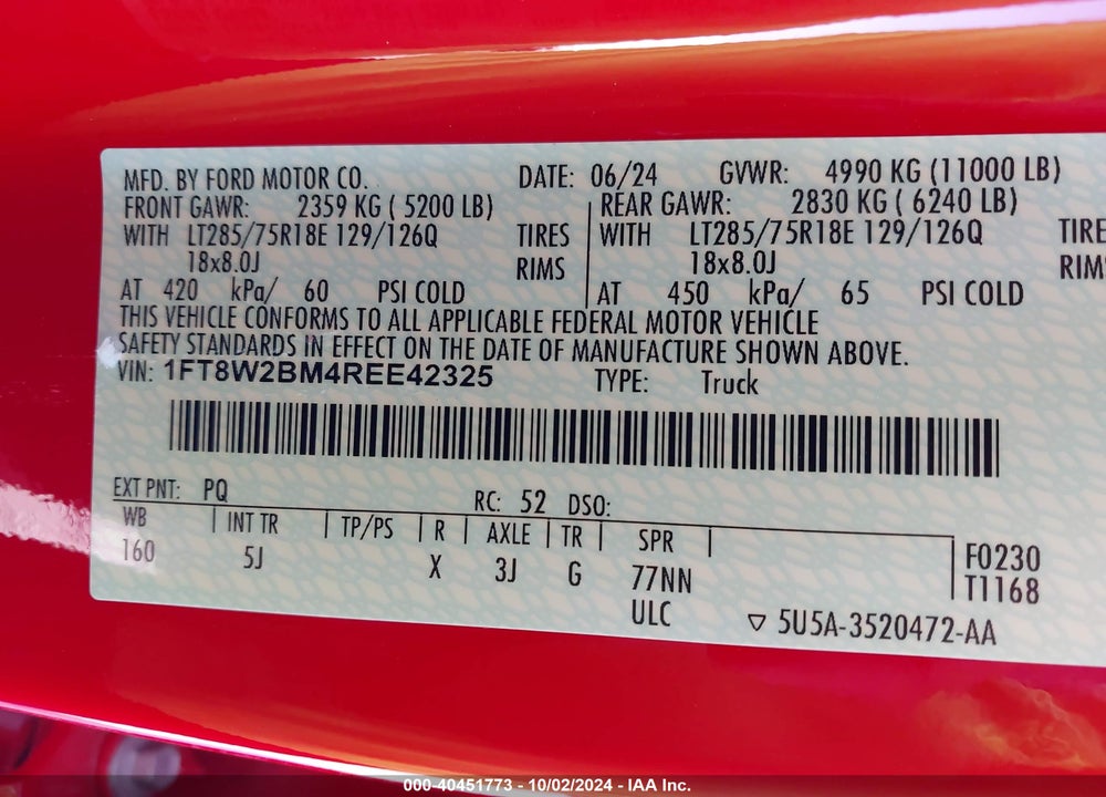 2024 FORD F-250 LARIAT VIN: 1FT8W2BM4REE42325