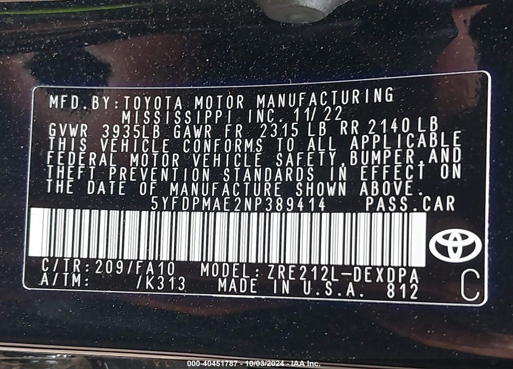 2022 TOYOTA COROLLA L VIN: 5YFDPMAE2NP389414