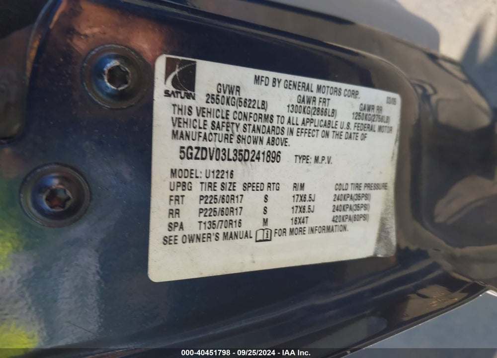 2005 SATURN RELAY FWD VIN: 5GZDV03L35D241896