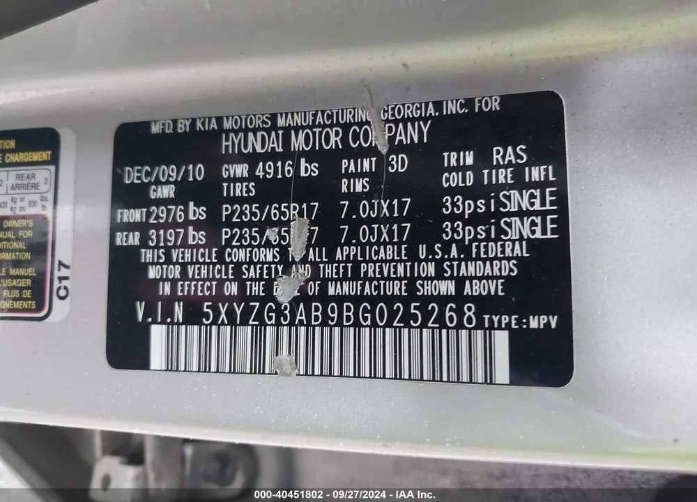 2011 HYUNDAI SANTA FE GLS VIN: 5XYZG3AB9BG025268