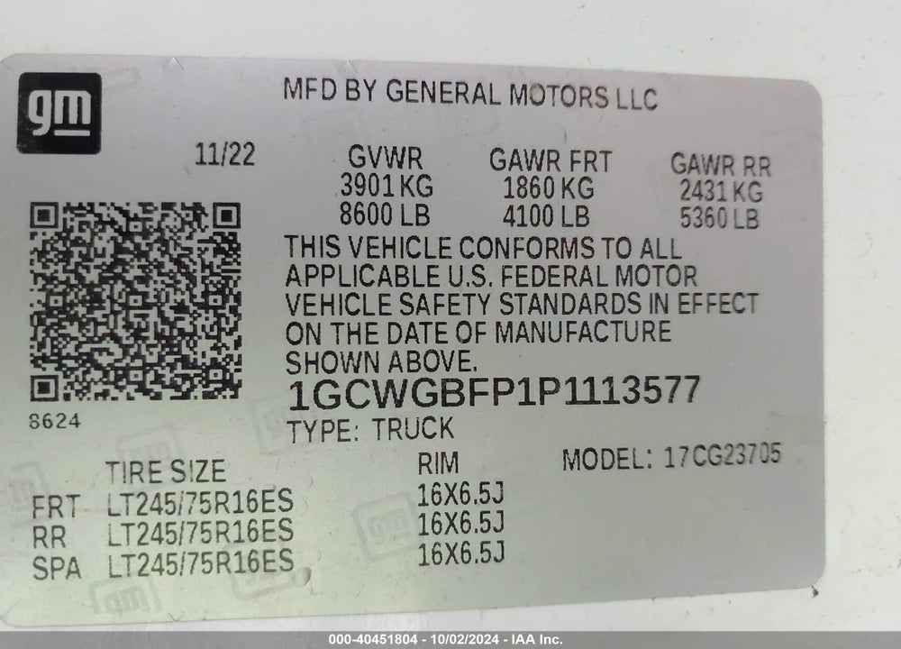 2023 CHEVROLET EXPRESS CARGO RWD 2500 EXTENDED WHEELBASE WT VIN: 1GCWGBFP1P1113577