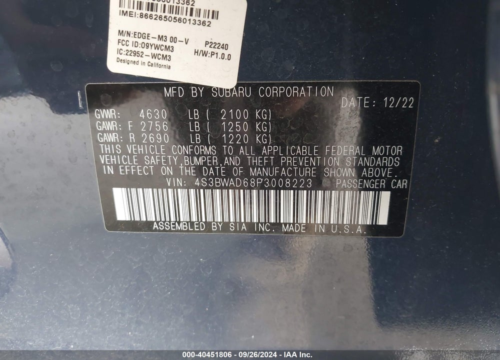 2023 SUBARU LEGACY PREMIUM VIN: 4S3BWAD68P3008223