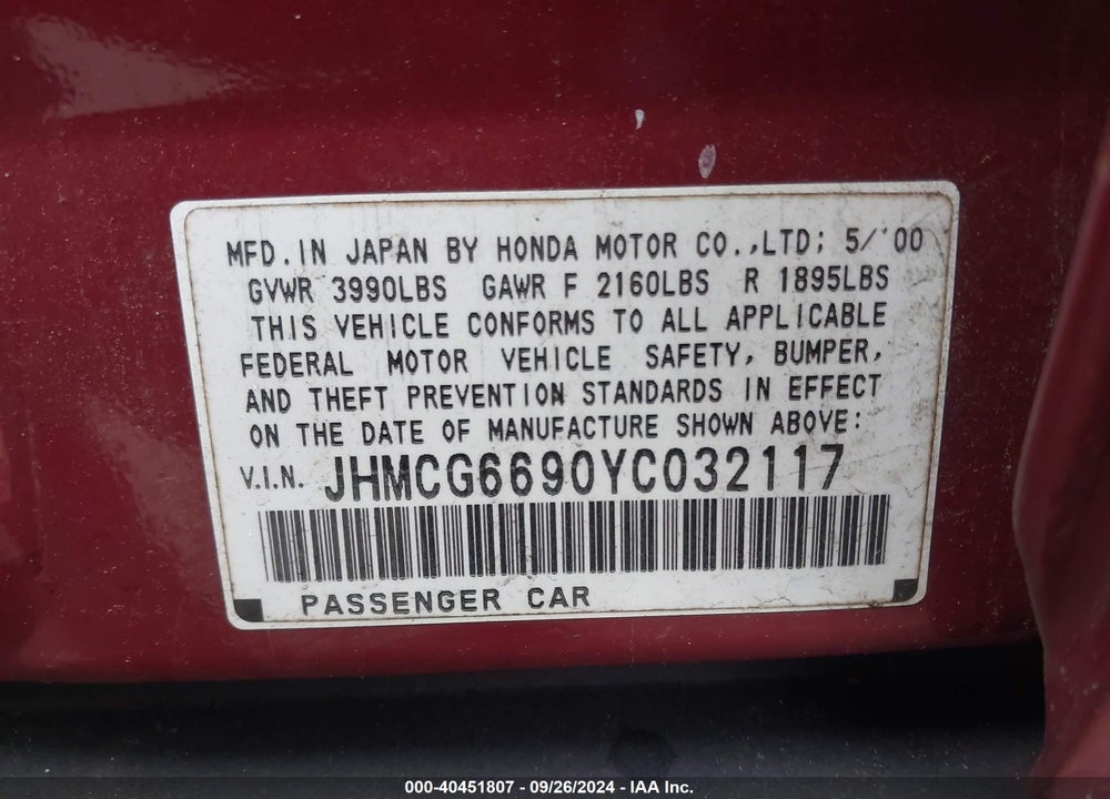 2000 HONDA ACCORD 2.3 SE VIN: JHMCG6690YC032117