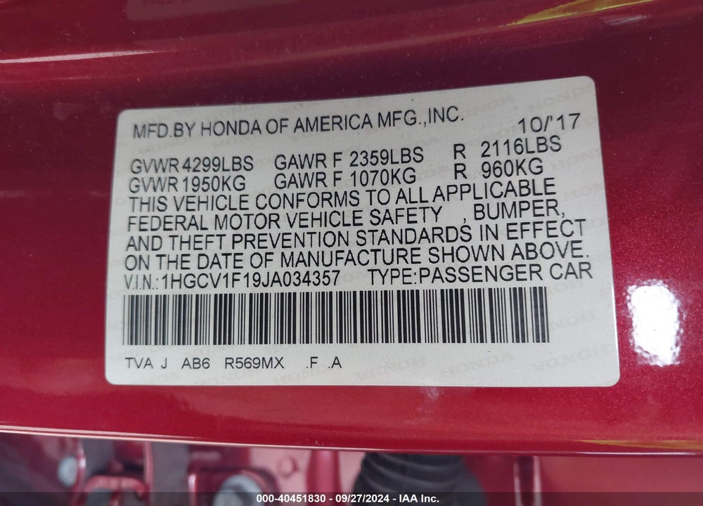 2018 HONDA ACCORD LX VIN: 1HGCV1F19JA034357