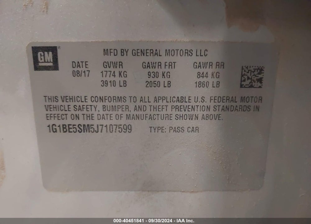 2018 CHEVROLET CRUZE VIN: 1G1BE5SM5J7107599