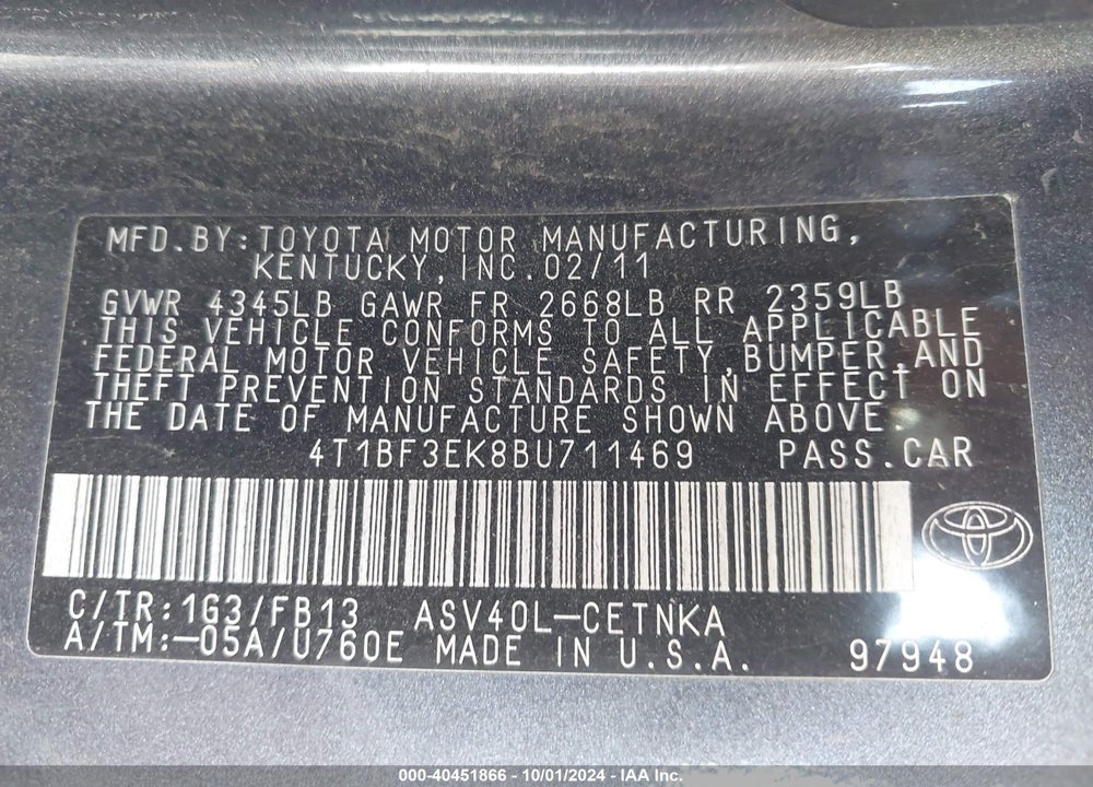 2011 TOYOTA CAMRY LE VIN: 4T1BF3EK8BU711469