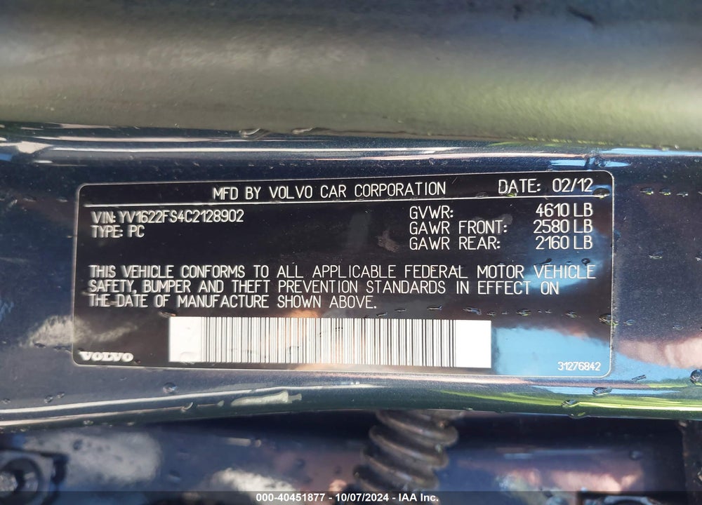 2012 VOLVO S60 T5 VIN: YV1622FS4C2128902