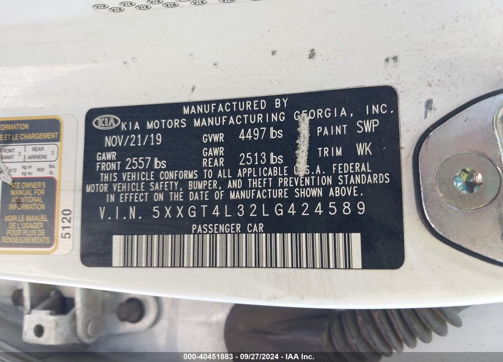 2020 KIA OPTIMA LX VIN: 5XXGT4L32LG424589