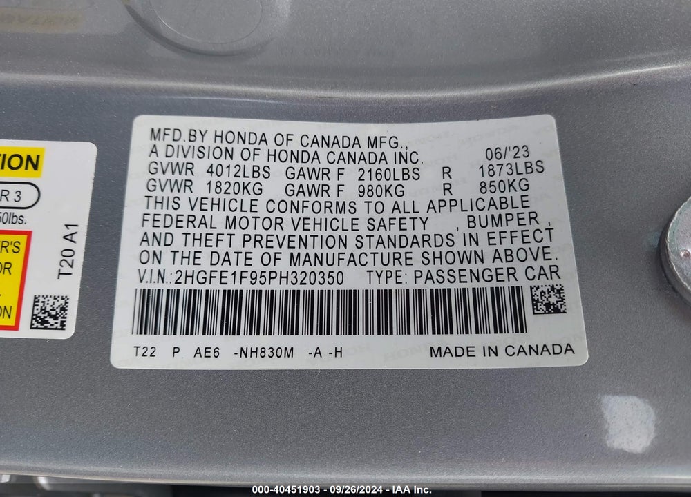 2023 HONDA CIVIC TOURING VIN: 2HGFE1F95PH320350