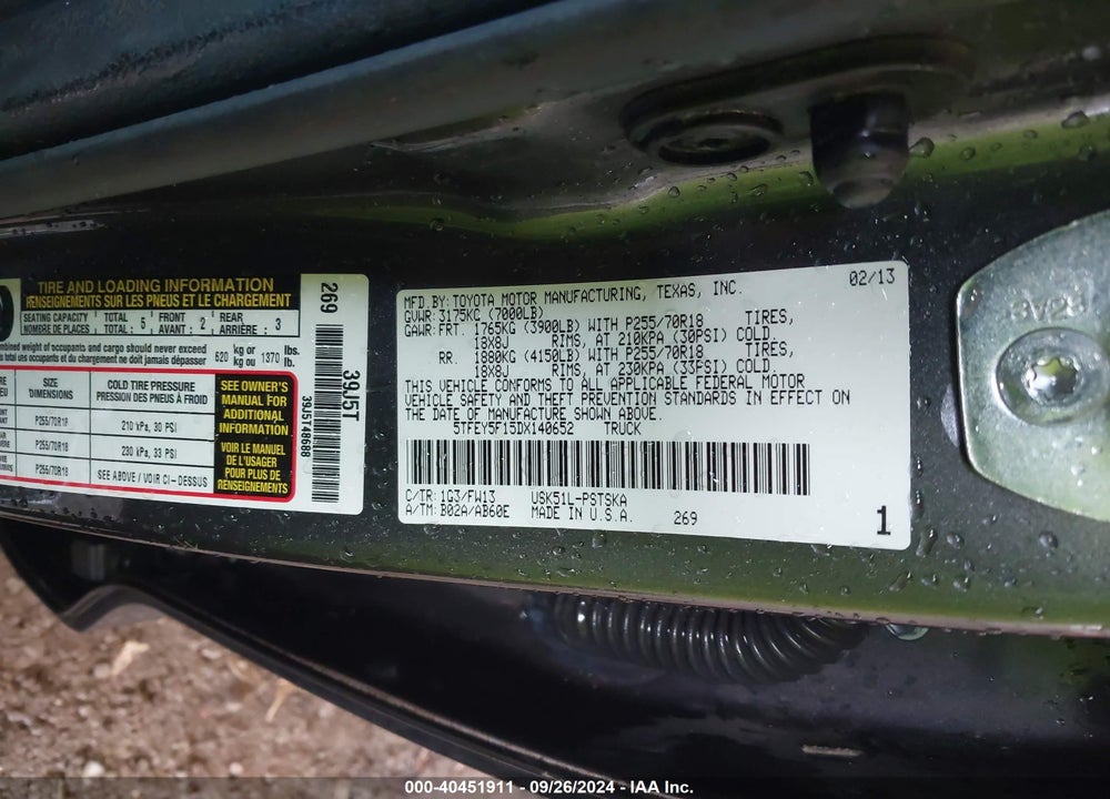 2013 TOYOTA TUNDRA GRADE 5.7L V8 VIN: 5TFEY5F15DX140652