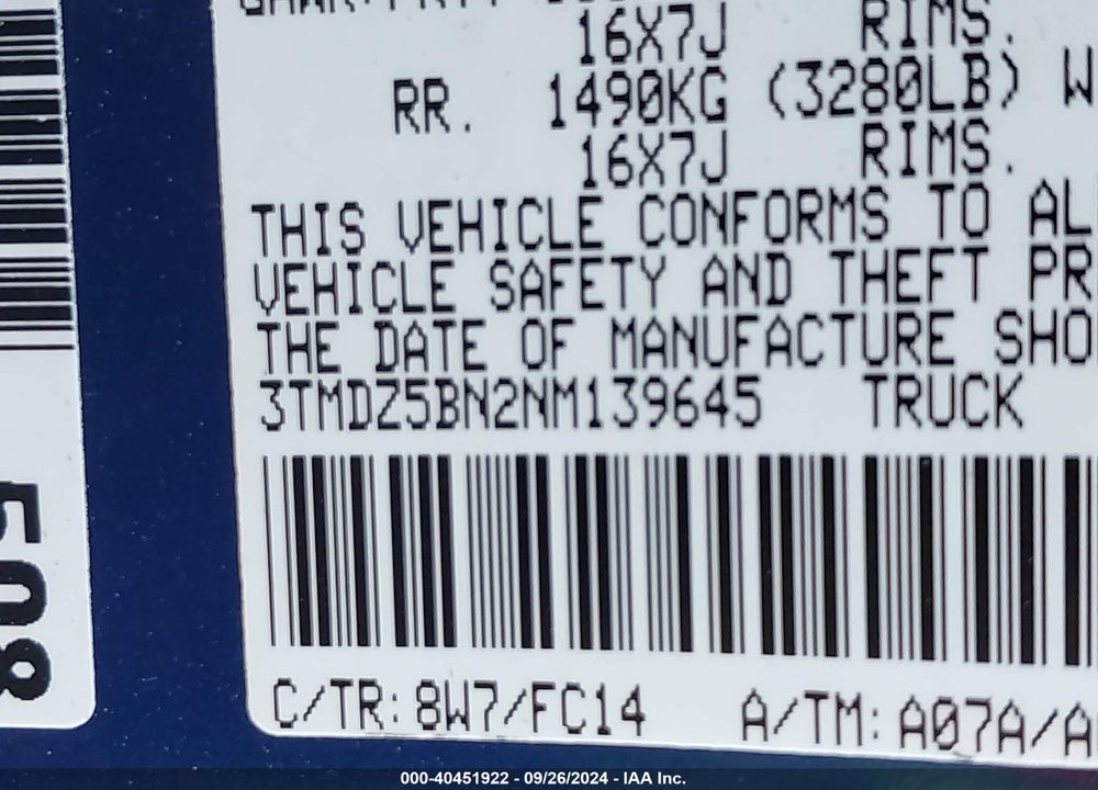 2022 TOYOTA TACOMA SR5 V6 VIN: 3TMDZ5BN2NM139645