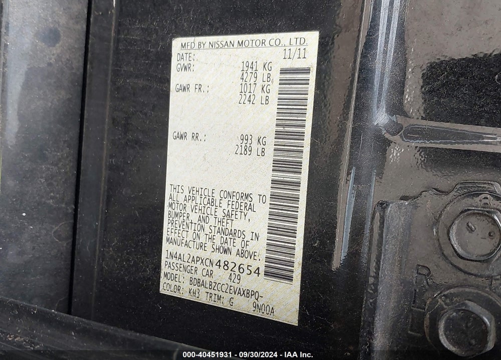2012 NISSAN ALTIMA 2.5 S VIN: 1N4AL2APXCN482654