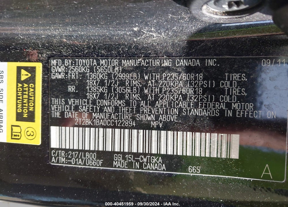 2012 LEXUS RX 350 VIN: 2T2BK1BA0CC122894