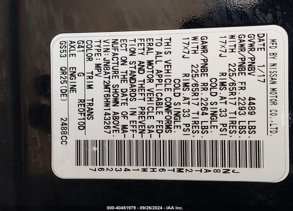2017 NISSAN ROGUE SV VIN: JN8AT2MT6HW143267