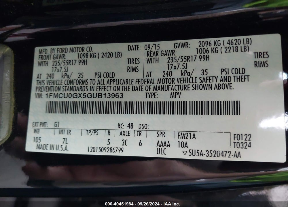 2016 FORD ESCAPE SE VIN: 1FMCU0GX5GUB13963