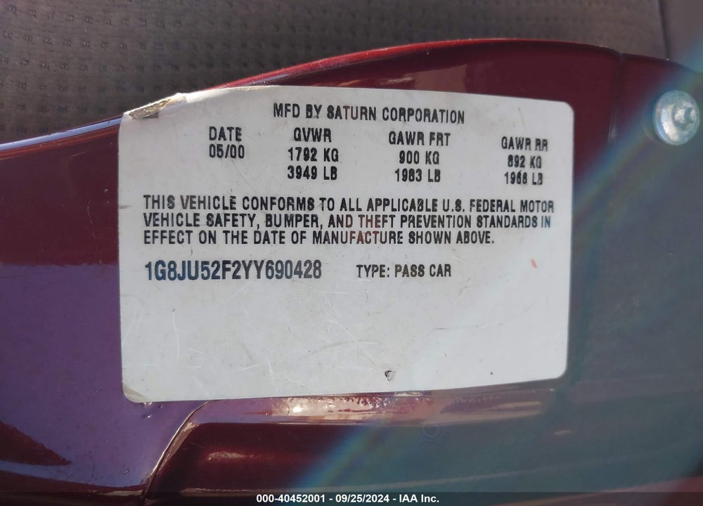 2000 SATURN LS1 VIN: 1G8JU52F2YY690428