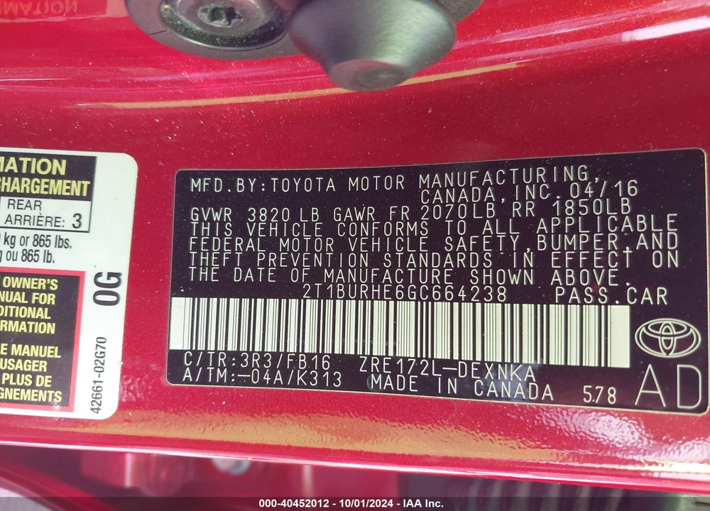 2016 TOYOTA COROLLA LE VIN: 2T1BURHE6GC664238