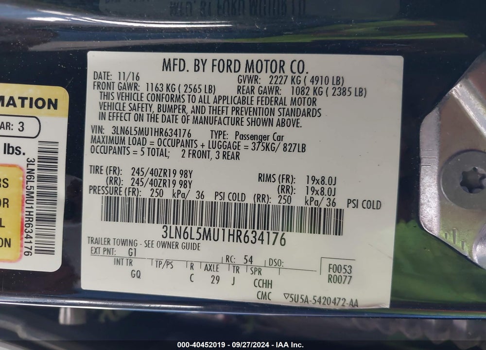 2017 LINCOLN MKZ HYBRID RESERVE VIN: 3LN6L5MU1HR634176