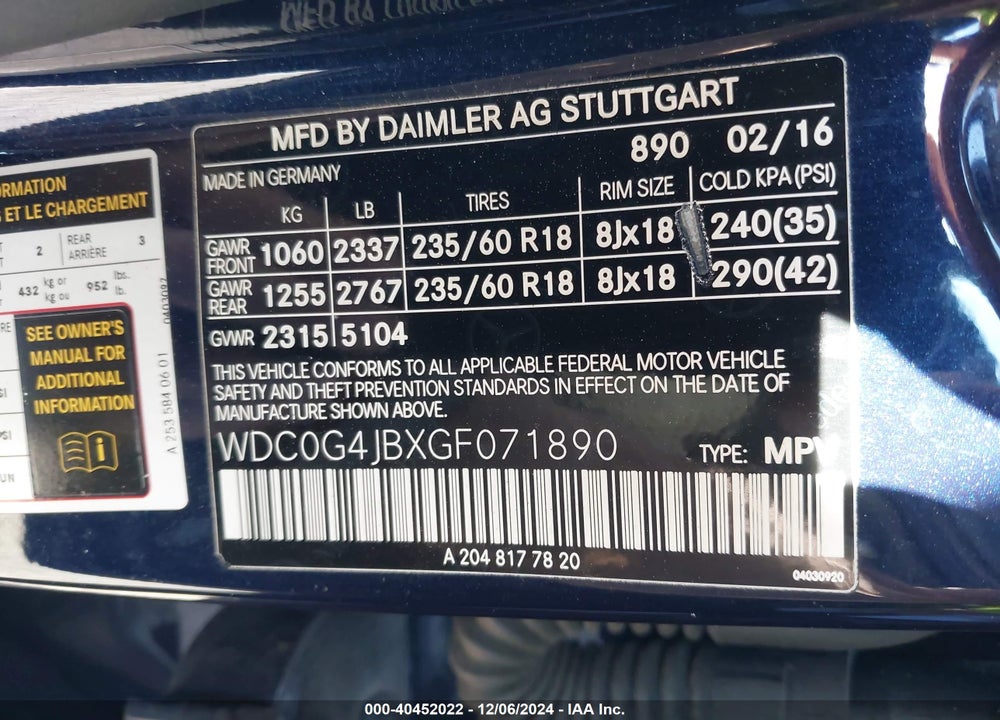 2016 MERCEDES-BENZ GLC 300 VIN: WDC0G4JBXGF071890