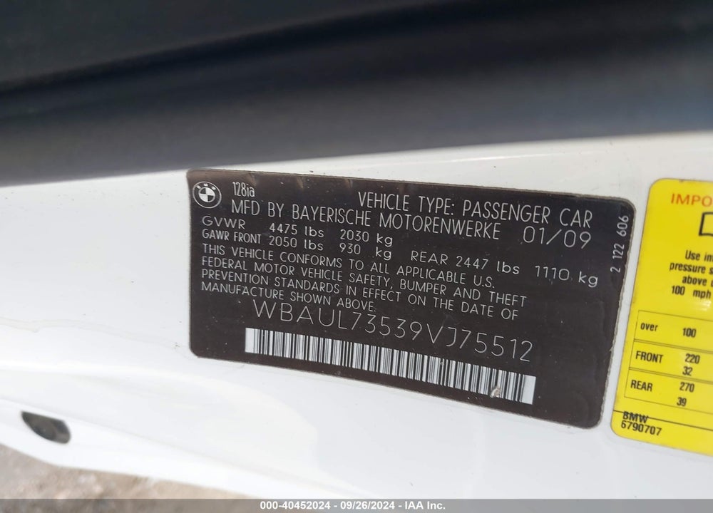 2009 BMW 128I VIN: WBAUL73539VJ75512