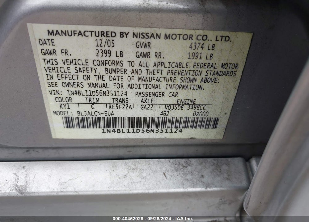 2006 NISSAN ALTIMA 3.5 SE VIN: 1N4BL11D56N351124