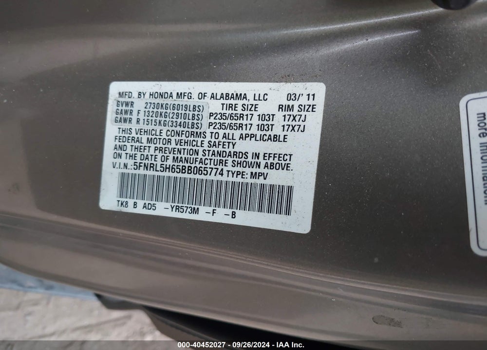 2011 HONDA ODYSSEY EX-L VIN: 5FNRL5H65BB065774