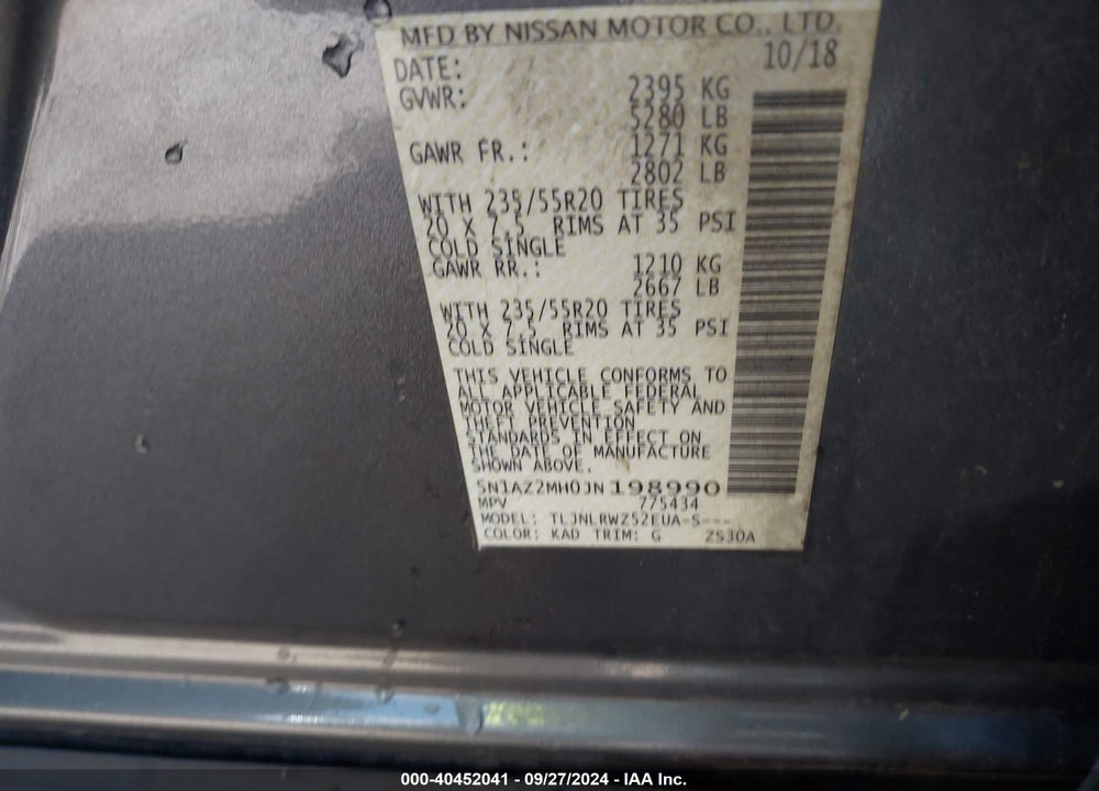 2018 NISSAN MURANO SL VIN: 5N1AZ2MH0JN198990