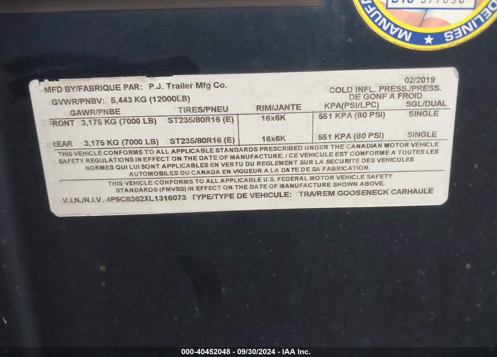 2020 PJ TRAILERS --- VIN: 4P5C8362XL1316073