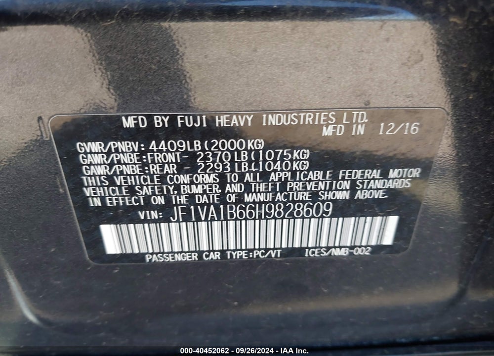 2017 SUBARU WRX VIN: JF1VA1B66H9828609