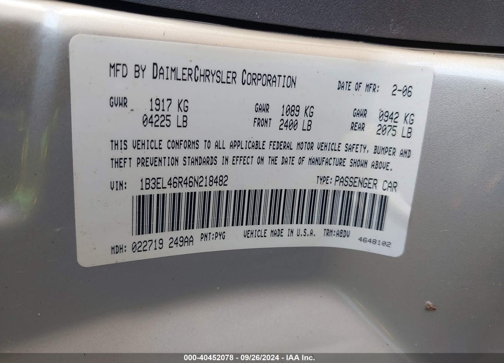 2006 DODGE STRATUS SXT VIN: 1B3EL46R46N218482