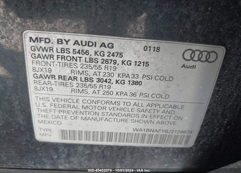 2018 AUDI Q5 2.0T PREMIUM/2.0T TECH PREMIUM VIN: WA1BNAFY6J2124674