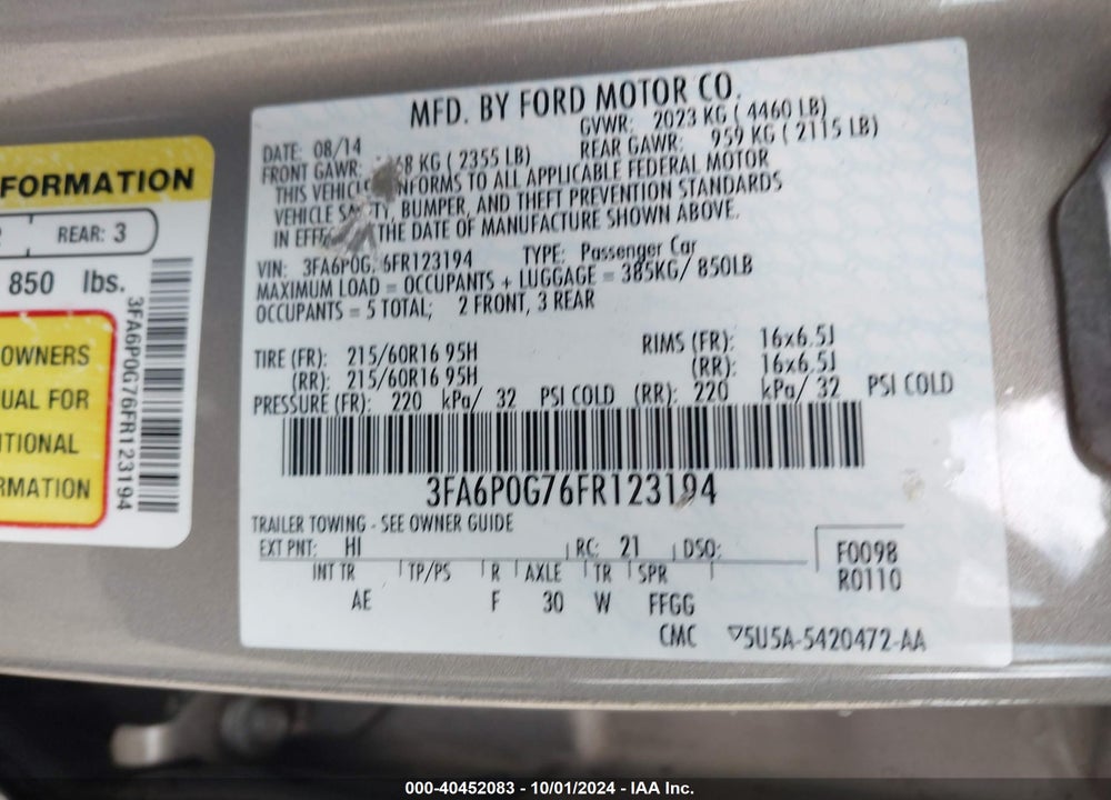 2015 FORD FUSION S VIN: 3FA6P0G76FR123194