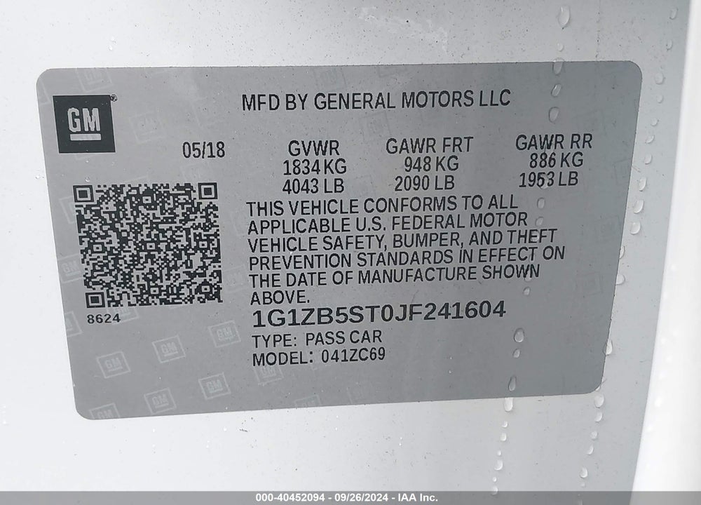 2018 CHEVROLET MALIBU 1LS VIN: 1G1ZB5ST0JF241604