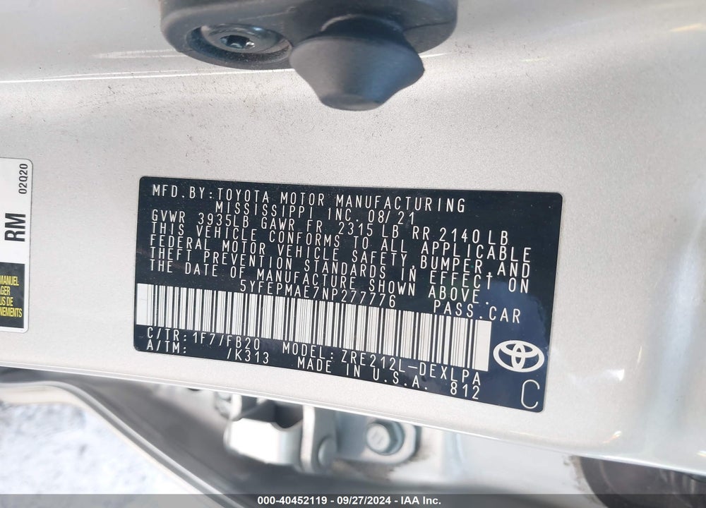 2022 TOYOTA COROLLA LE VIN: 5YFEPMAE7NP277776