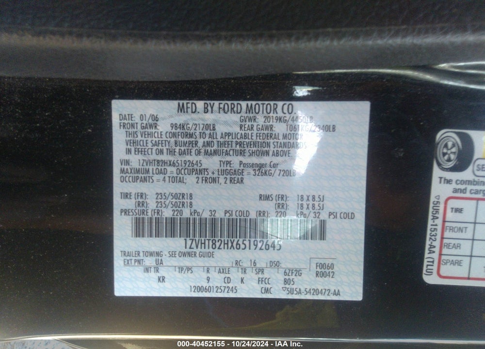 2006 FORD MUSTANG GT VIN: 1ZVHT82HX65192645