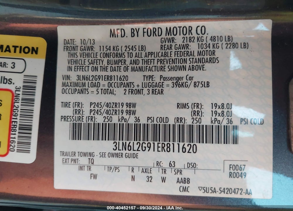 2014 LINCOLN MKZ VIN: 3LN6L2G91ER811620
